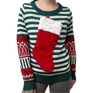 Tipsy Elves Christmas Sweater Ugly Party Striped Stocking 3D Side Medium New